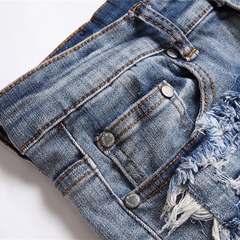 Trend Blue Hole Slim Seans Autumn Stickers Fashion Biker Pencil Pants Mid-Waists Casual Men Clothing