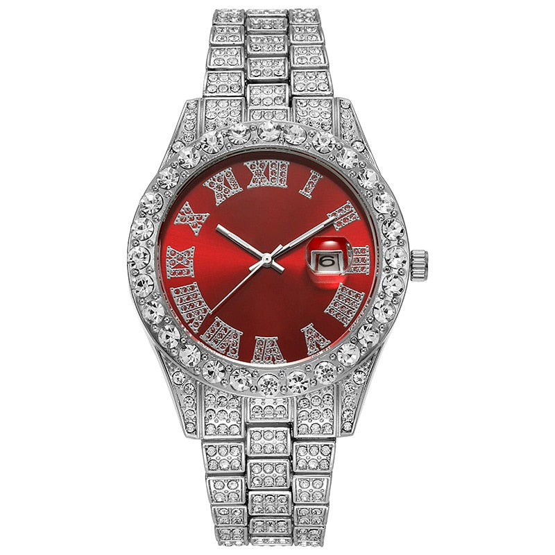 Steel Band Roman Scale Diamond Encrusted Calendar Quartz Watch Digital