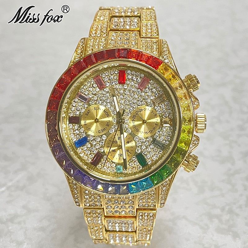 Luxury Brand Gold Watches Men Fashion Rainbow Diamond Waterproof Smart Watch Full Steel Sports Clocks