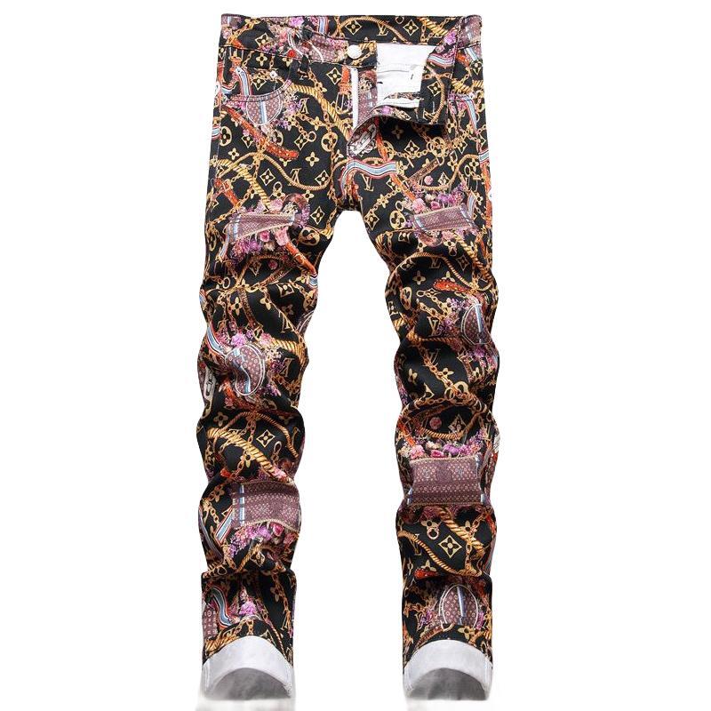 Men's Fashion Digital Print Jeans Mid-Waist Casual Slim Pencil Pants Motorcycle Hip Hop Streetwear For Men Trousers
