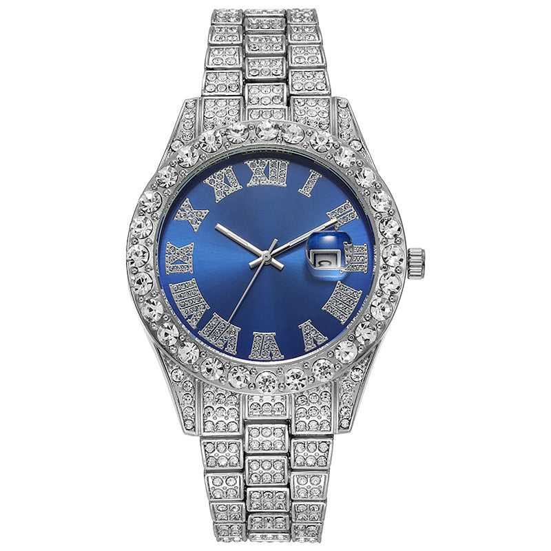 Steel Band Roman Scale Diamond Encrusted Calendar Quartz Watch Digital