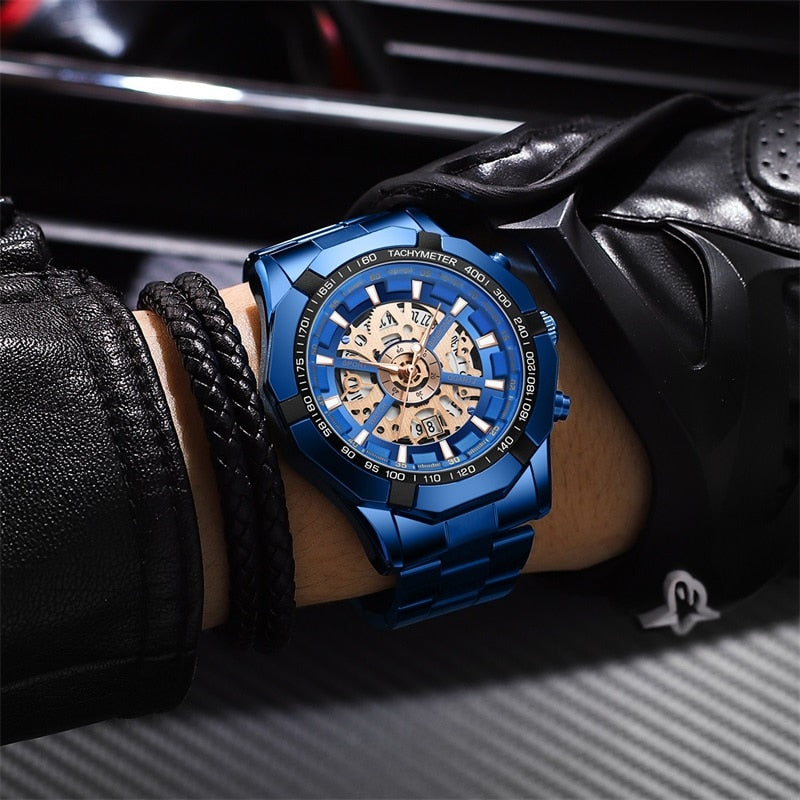 Mens Watches Top Brand Luxury Stainless Steel Waterproof Hollow Out Blue Big Male Wristwatches