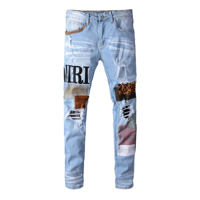 Fashion Patch Ripped Blue Jeans Men Slim Fit Designer Washed Denim Jeans Trousers Men Hip Hop DJ Party Jeans Punk Rock Pants