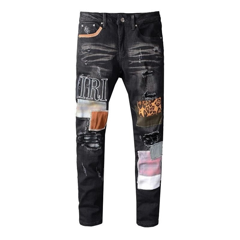 Fashion Patch Ripped Blue Jeans Men Slim Fit Designer Washed Denim Jeans Trousers Men Hip Hop DJ Party Jeans Punk Rock Pants