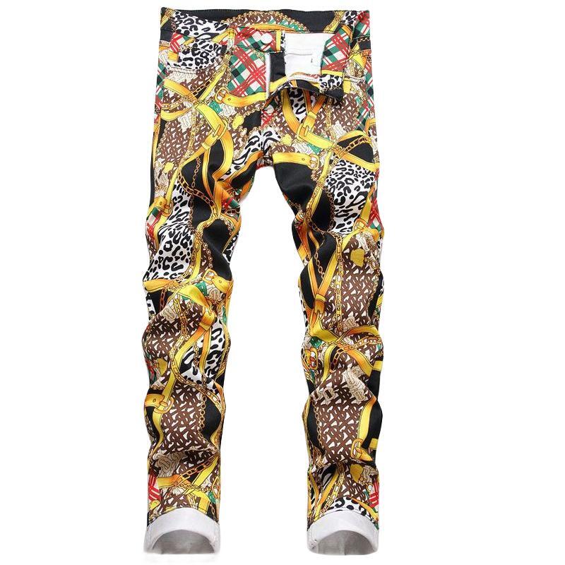 Men's Fashion Digital Print Jeans Mid-Waist Casual Slim Pencil Pants Motorcycle Hip Hop Streetwear For Men Trousers