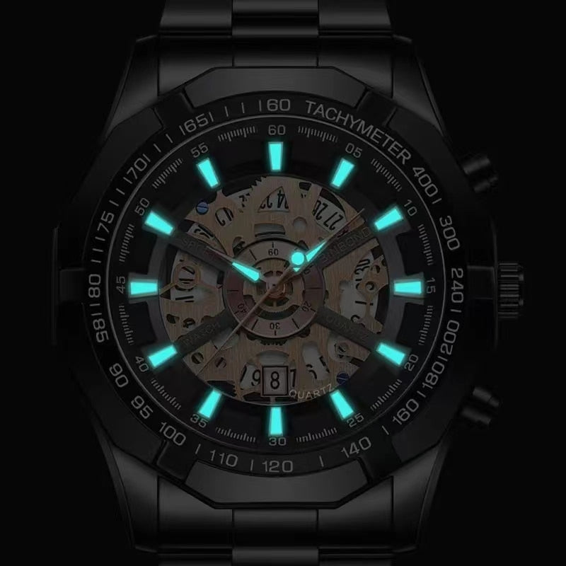 Mens Watches Top Brand Luxury Stainless Steel Waterproof Hollow Out Blue Big Male Wristwatches