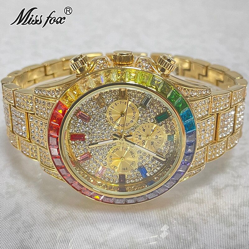 Luxury Brand Gold Watches Men Fashion Rainbow Diamond Waterproof Smart Watch Full Steel Sports Clocks