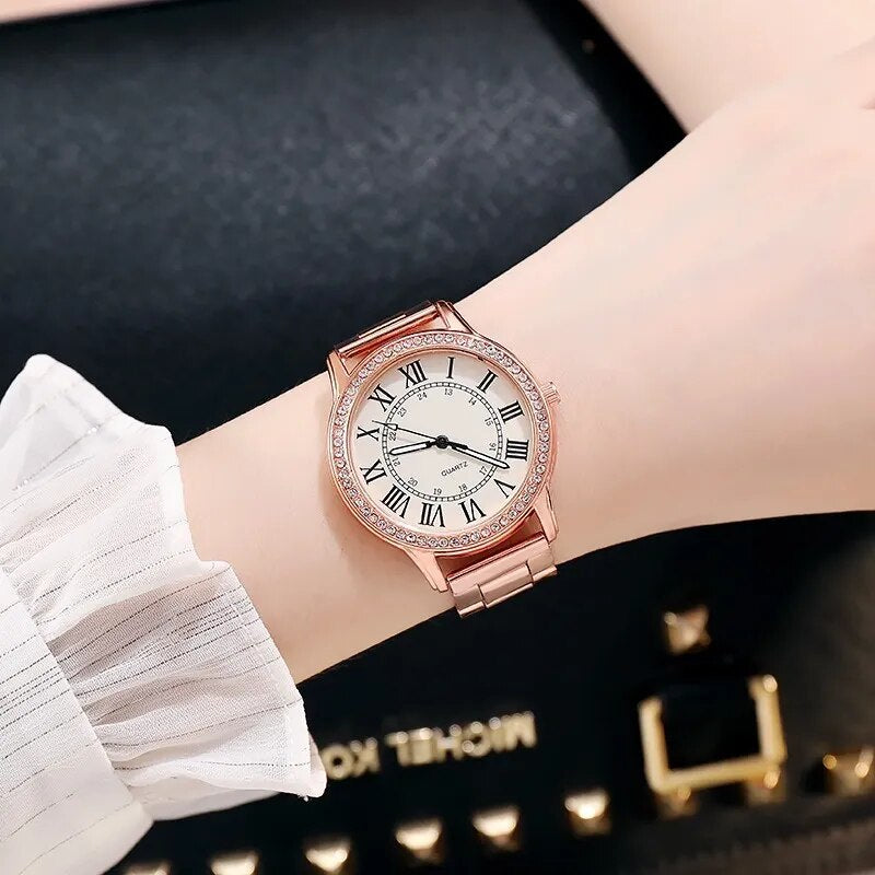 Steel Strap Simple Casual Women's Watch Retro Roman Rhinestone Luminous Quartz Watch Luxury Wrist Watches for Women Wholesale