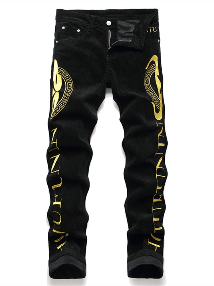 Men Casual Black Pants Denim Corduroy Mid-Waist Letter-Embroidered Spring Autumn Clothing