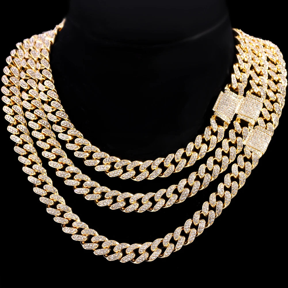 Rhinestones Prong Cuban Link Chain 2 Row Crystal Curb Cuban Chain 13/14/20MM