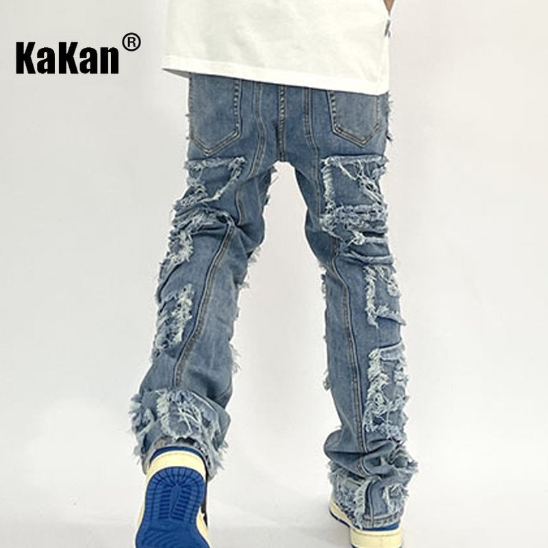 Kakan - New High Street Washed Cat Beard Harlan Patch Jeans for Men, Worn Out Slim Fit Slim Feet Men's Pants Jeans K27-g37