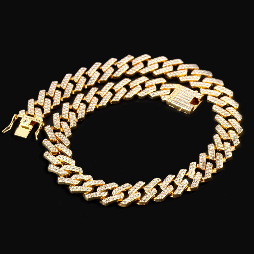 Rhinestones Prong Cuban Link Chain 2 Row Crystal Curb Cuban Chain 13/14/20MM