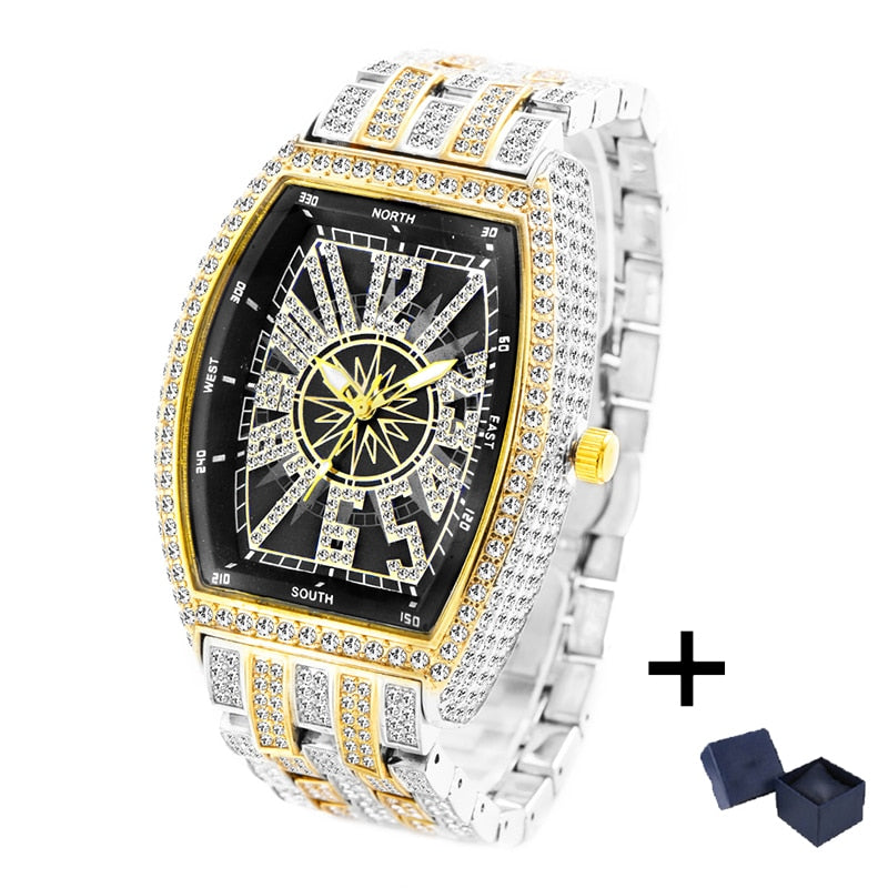 Luxury Mens Watches Fashion Hip Hop Iced Diamond Waterproof Tonneau AAA Quartz Wristwatch