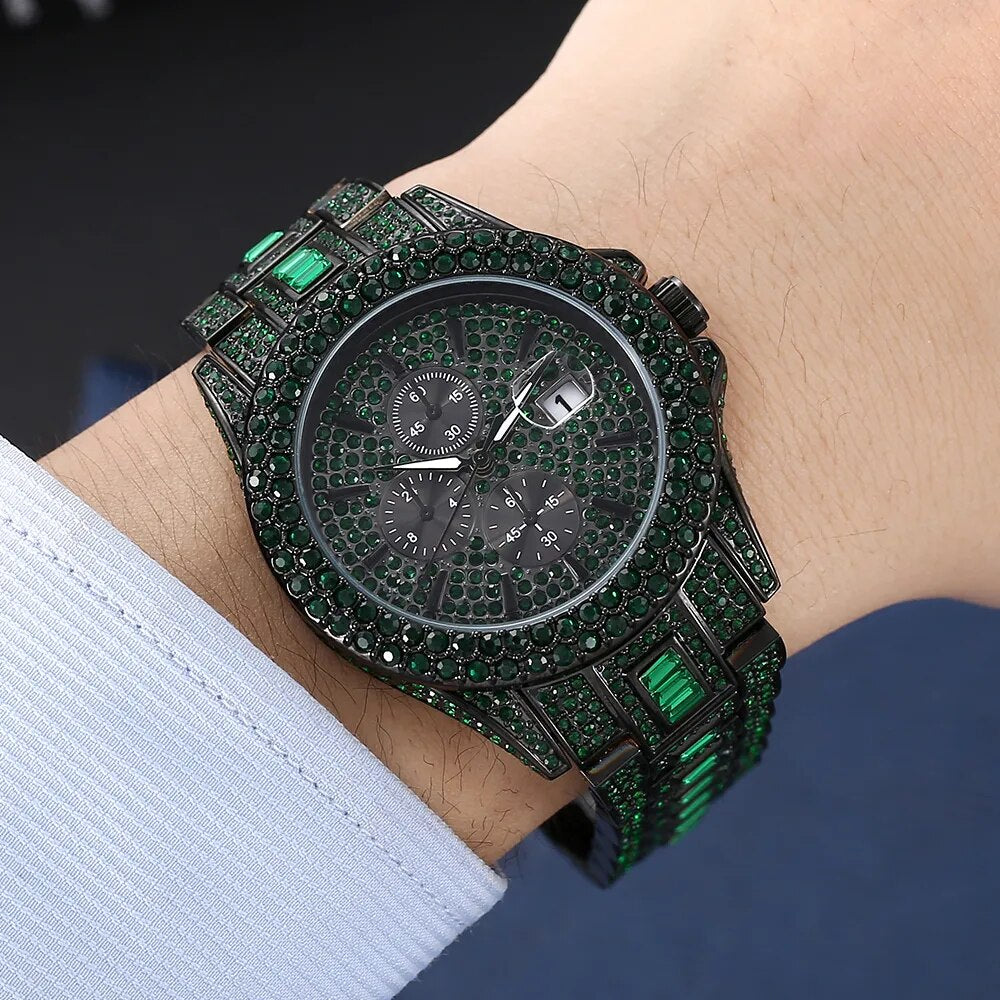 Green Diamond Watch For Men Luxury Hip Hop Diamond Watches Unique Bling Ice Out Luminous Waterproof