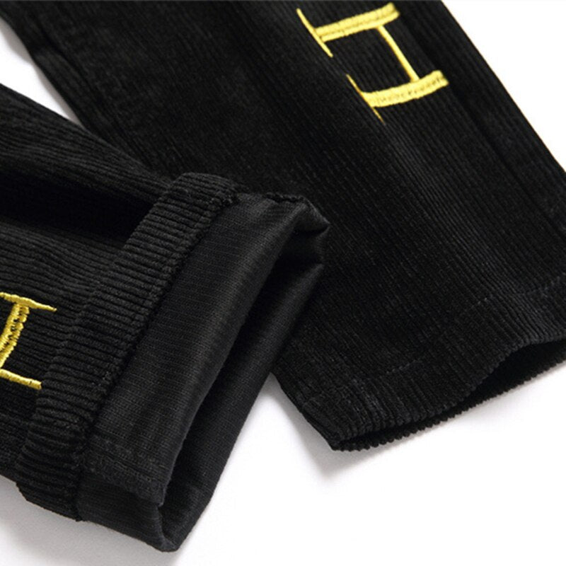 Men Casual Black Pants Denim Corduroy Mid-Waist Letter-Embroidered Spring Autumn Clothing