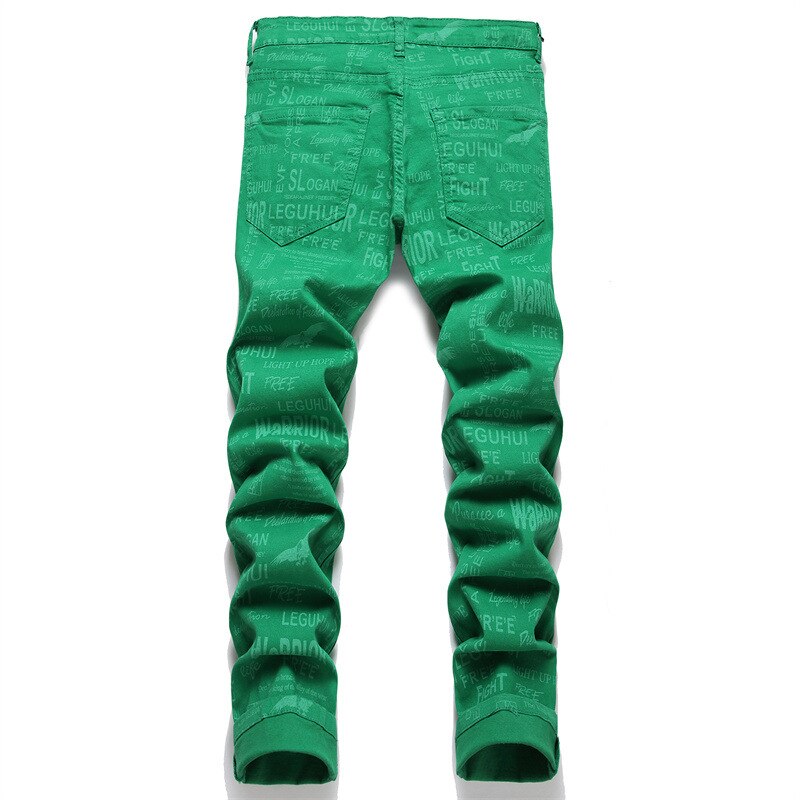New Summer Street Men Jeans Digital Print Green Slim Trousers Mid-Waist Casual Hip Hop Clothing