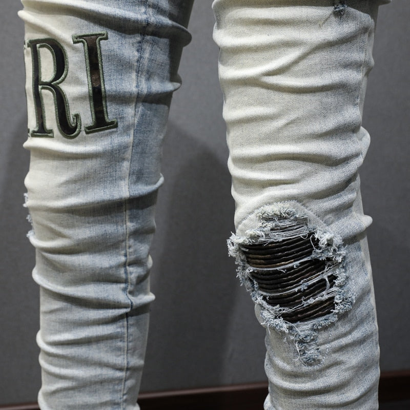 Street Fashion Men Jeans Retro Yellow Blue Elastic Stretch Skinny Ripped Jeans Men Brand Patches Designer Hip Hop Pants Hombre