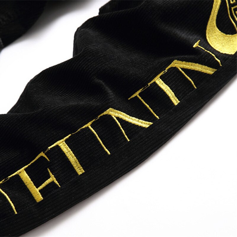 Men Casual Black Pants Denim Corduroy Mid-Waist Letter-Embroidered Spring Autumn Clothing