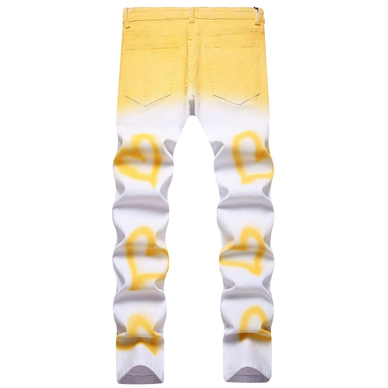 New 2023 Summer Street Personality Fashion Hand-Painted Jeans Men Mid-Waist Elastic Slim Pencil Pants Match Color Casual Pants