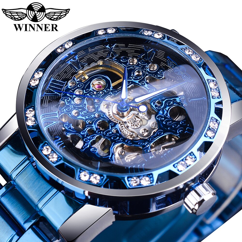 Transparent Diamond Mechanical Watch Blue Stainless Steel Skeleton Watch Top Brand Luxury Business Luminous Male Clock
