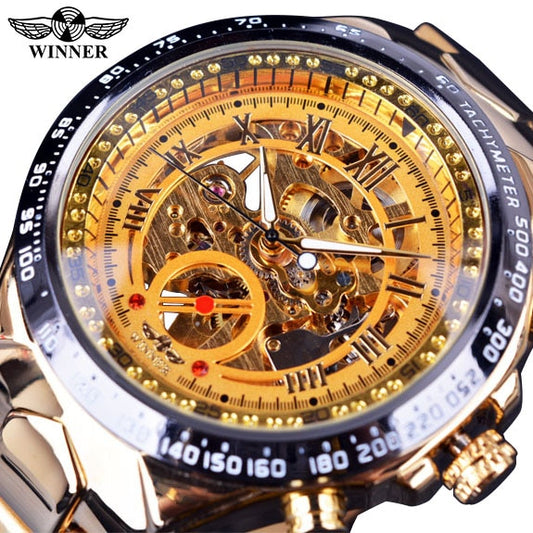 Sport Design Bezel Golden Watch Mens Watches Top Brand Luxury Automatic Skeleton Watch