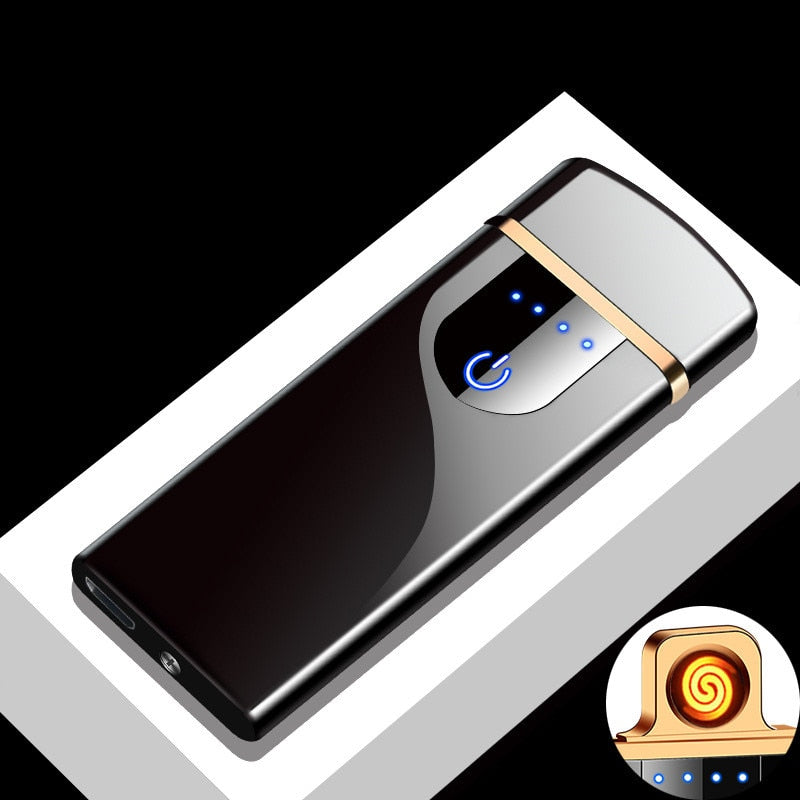 Electric Windproof Metal Lighter Double Arc Flameless Plasma Rechargeable USB Lighter LED Power Display Touch Sensor Lighter