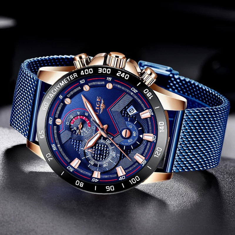Men Fashion Blue Watch For Men Luxury Quartz Mens Watches Waterproof Sport Chronograph