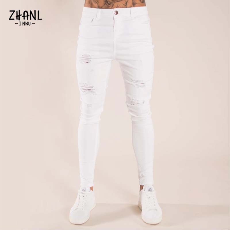 Street Fashion Jeans Skinny Slim fit Ripped Stretch Jeans Man Hole Patchwork Casual Denim
