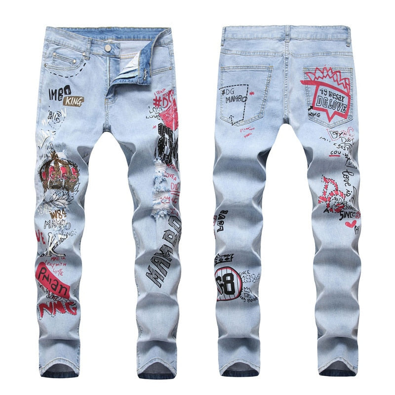 High Street Fashion Light Colored Hole Jeans 3D Printed Stretch Denim Pants Men Slim Spring Summer Trousers