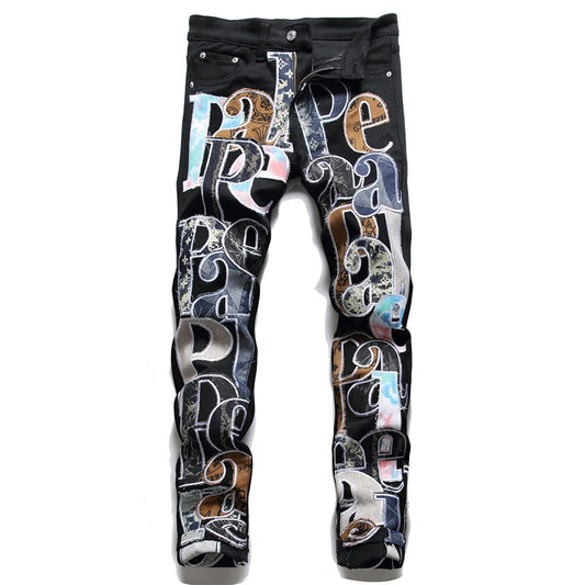 Men’s Light Luxury Stretch Jeans,Letters Embroidery Decors Slim-fit Black Jeans,Stylish  Casual Jeans,Youth Sexy&Cool Must;