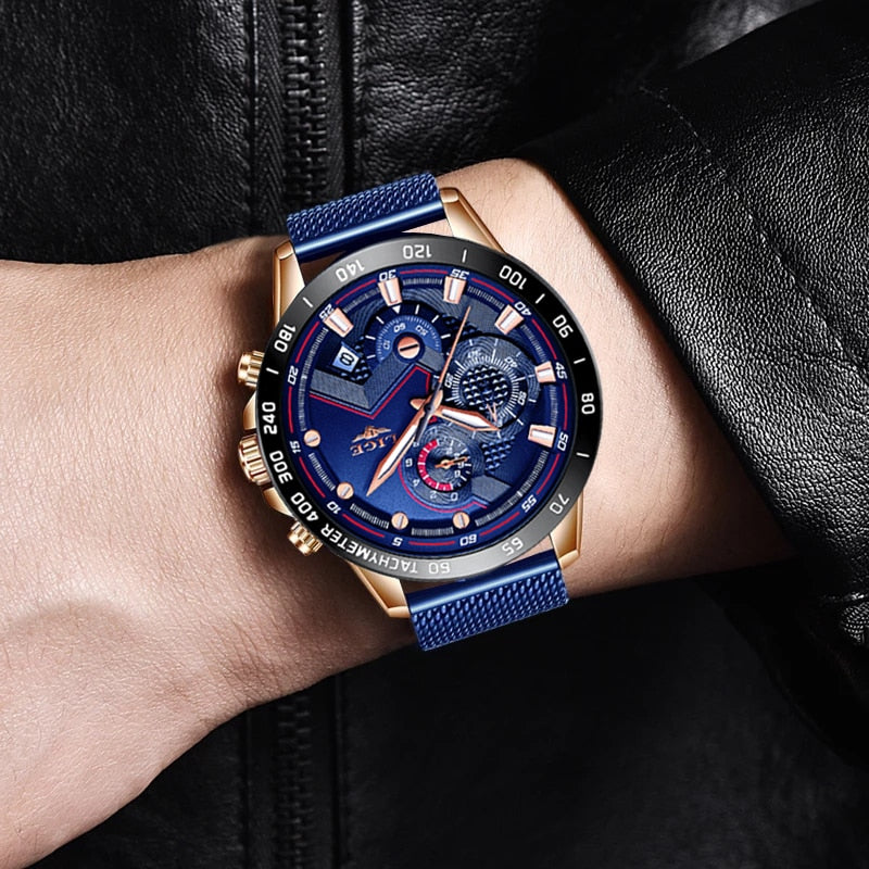 Men Fashion Blue Watch For Men Luxury Quartz Mens Watches Waterproof Sport Chronograph