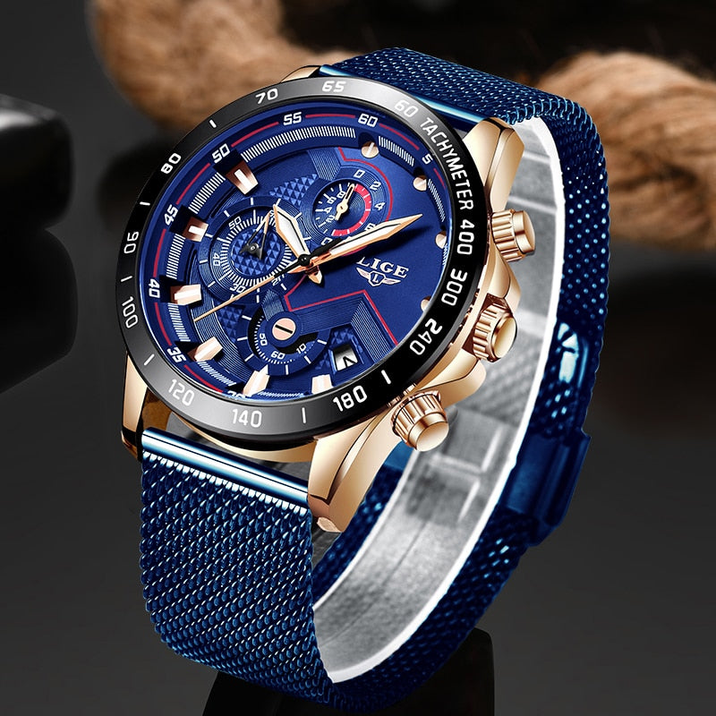 Men Fashion Blue Watch For Men Luxury Quartz Mens Watches Waterproof Sport Chronograph