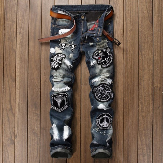New Fashion Clothing Splice Club Style Denim Pants Embroidery Tiger Head Slim Small Straight Leg Jeans Casual Trousers