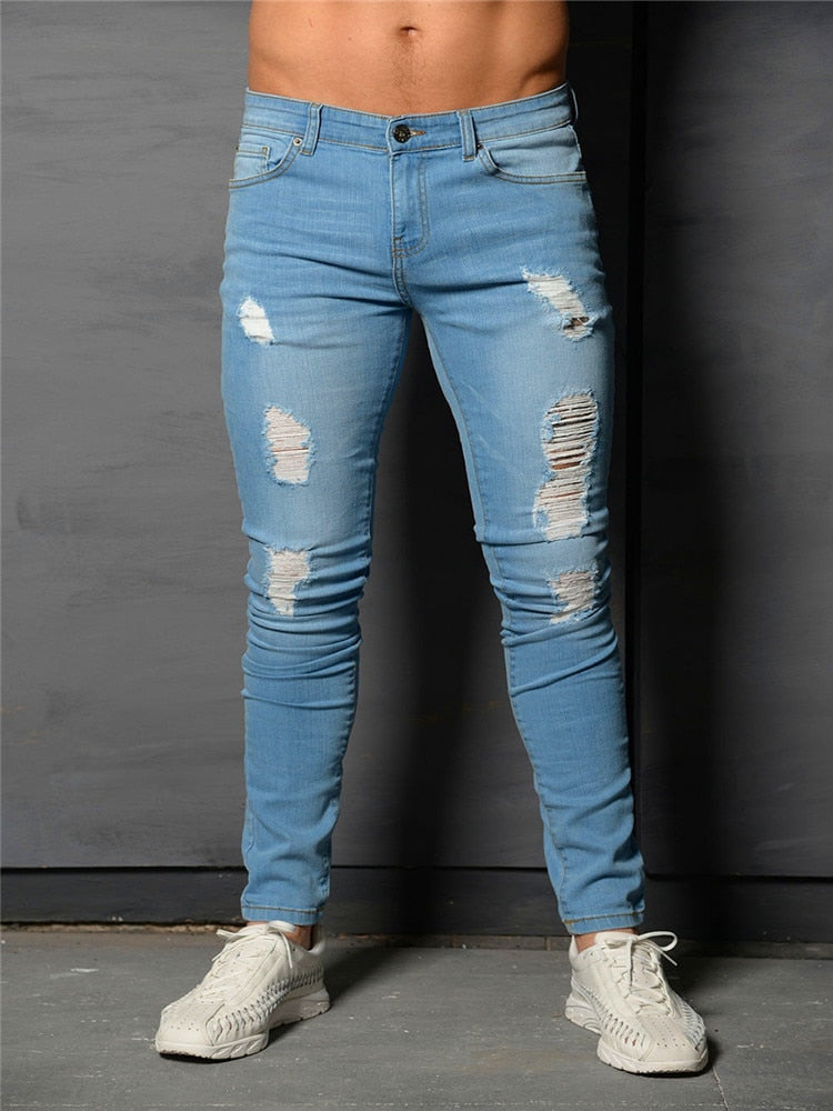 Street Fashion Jeans Skinny Slim fit Ripped Stretch Jeans Man Hole Patchwork Casual Denim