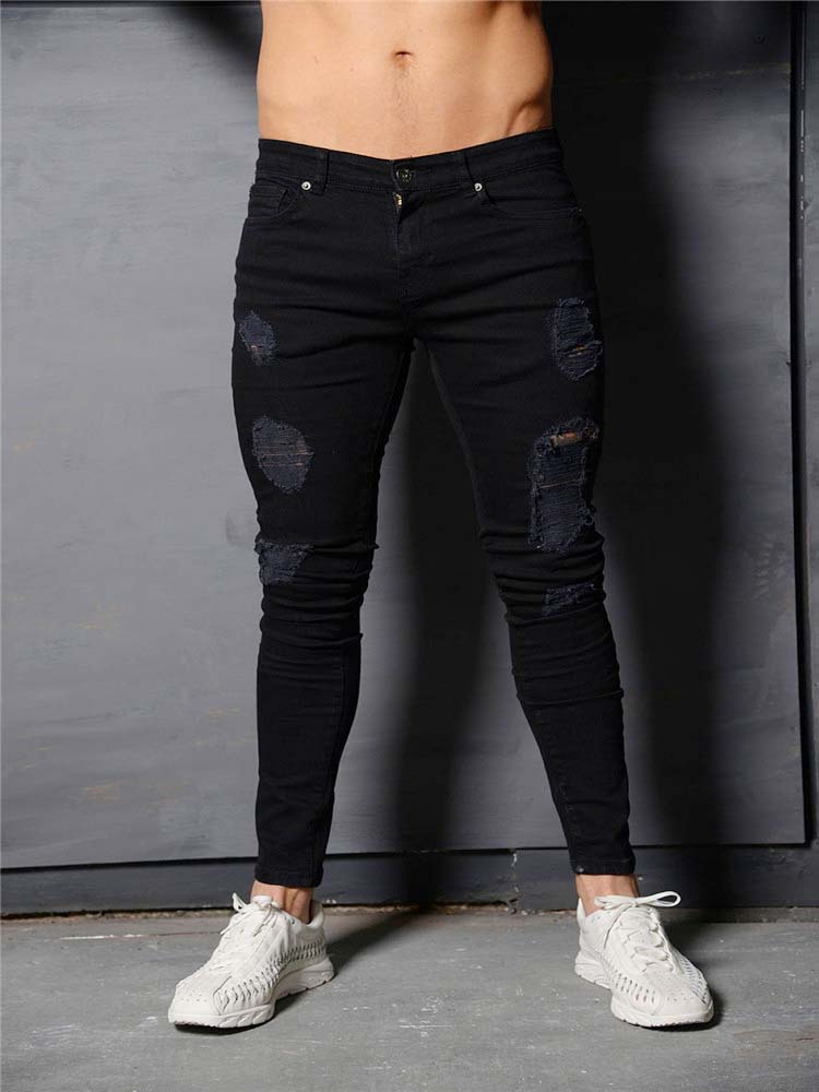 Street Fashion Jeans Skinny Slim fit Ripped Stretch Jeans Man Hole Patchwork Casual Denim