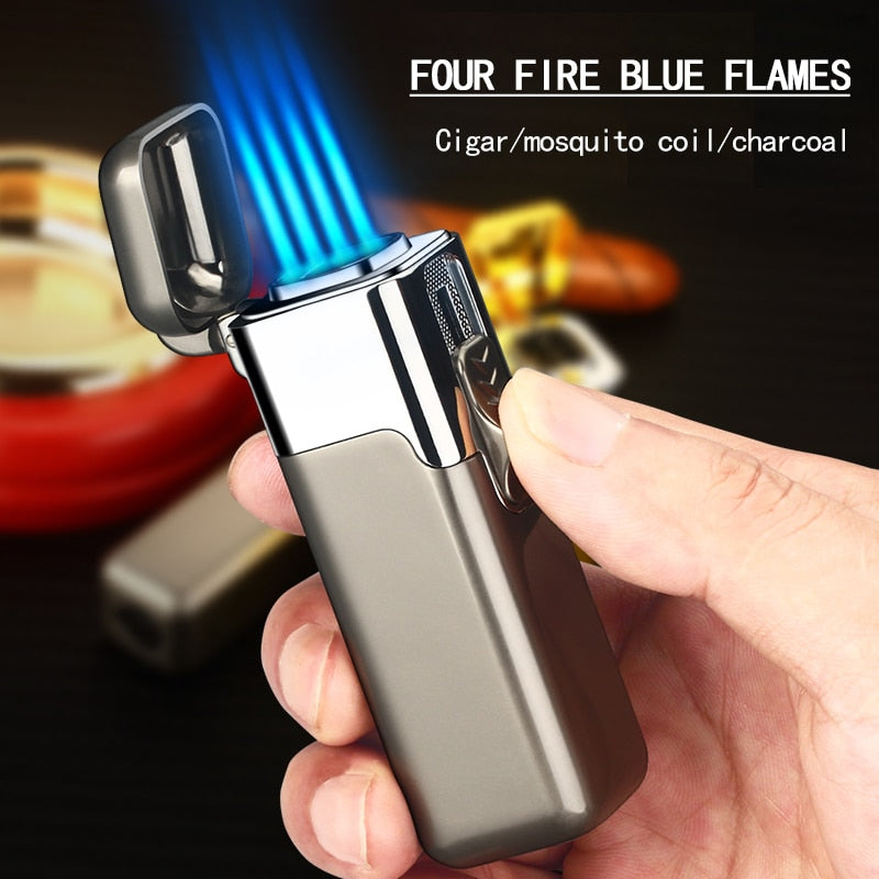 Metal Torch Gas Windproof Briquet Cigar Butane Lighters Four Fire Blue Flame Jet Adjustable Luxury Cigar Lighter