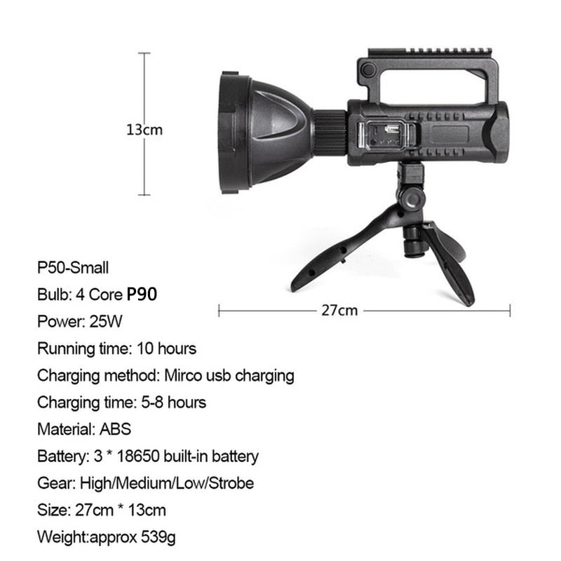 P90 Portable Powerful LED Flashlight Mountable Bracket Handheld Searchlight USB Rechargeable Spotlight Waterproof