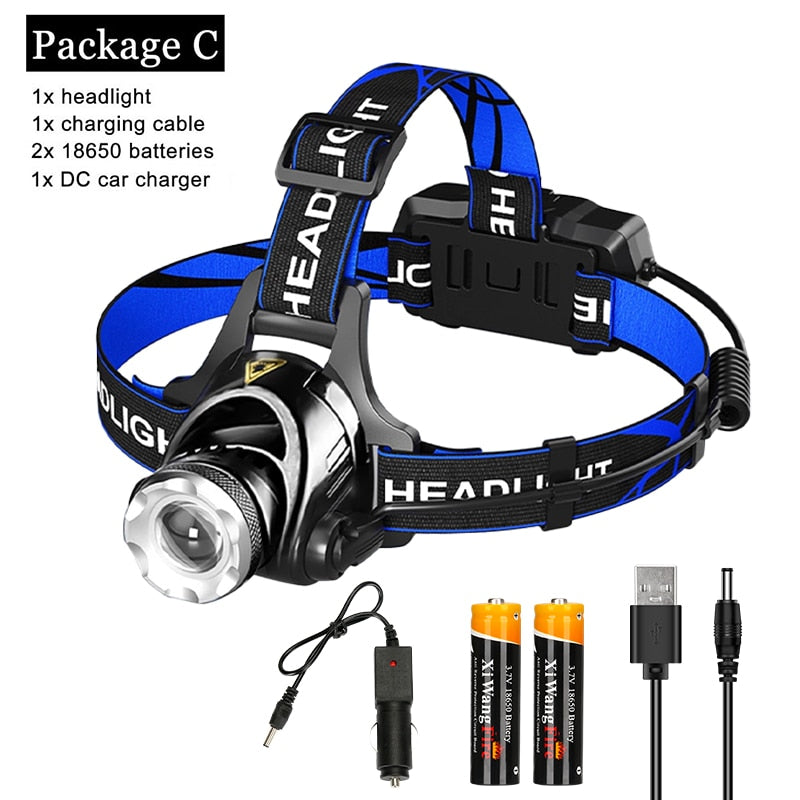Headlights 18650 High Powerful Flashlight Lantern Headlamp Led Rechargable Torch Lamp Tourism T6 12000 lum