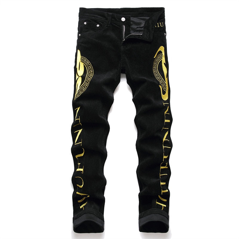 Men Casual Black Pants Denim Corduroy Mid-Waist Letter-Embroidered Spring Autumn Clothing