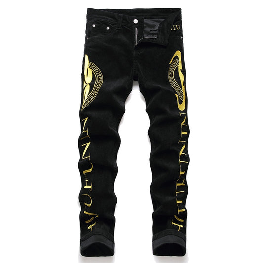 Men Casual Black Pants Denim Corduroy Mid-Waist Letter-Embroidered Spring Autumn Clothing