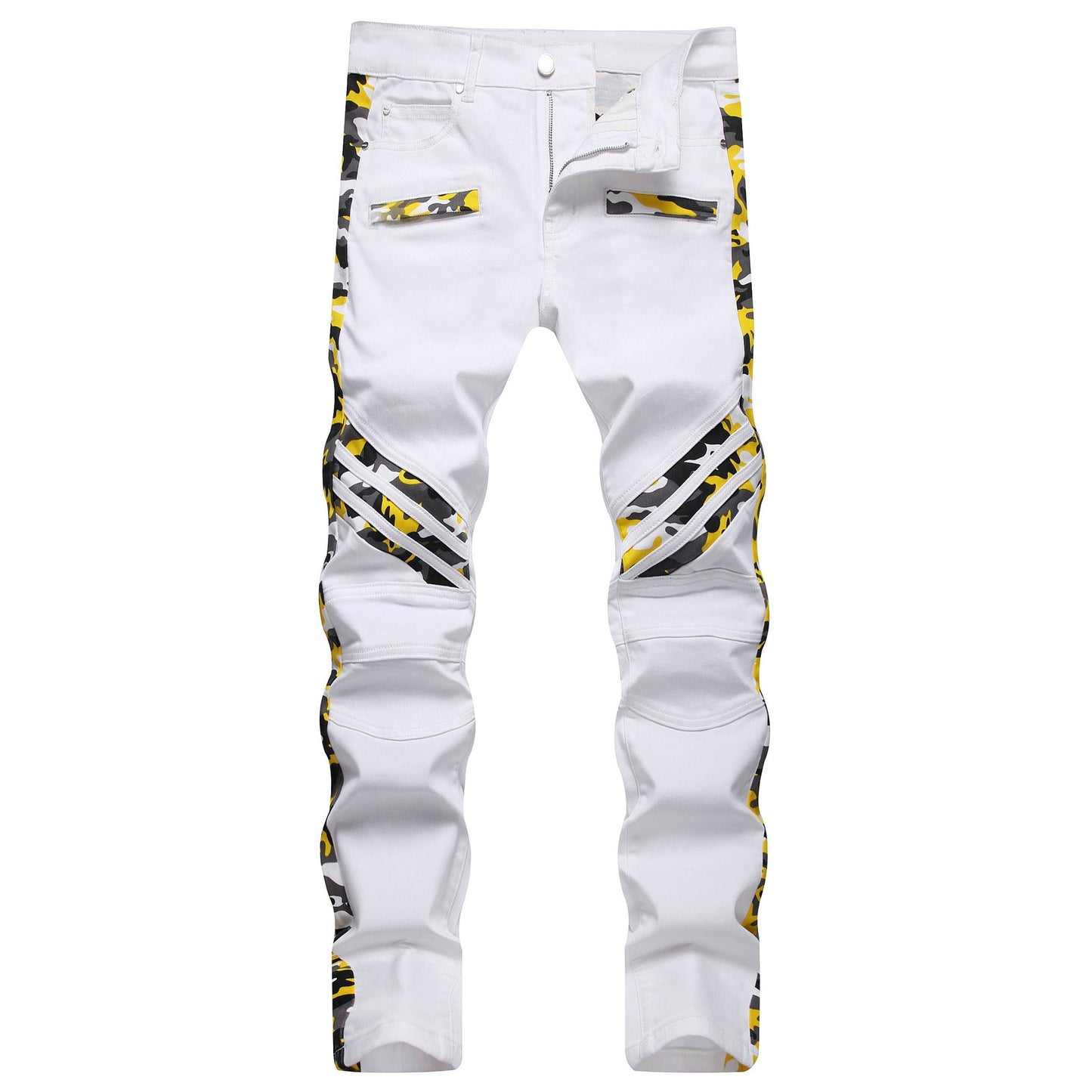Autumn Winter White Camouflage Patchwork Jeans Mid-Waist Slim Stretch Hip Hop Pants Street Casual Wear