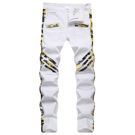 Autumn Winter White Camouflage Patchwork Jeans Mid-Waist Slim Stretch Hip Hop Pants Street Casual Wear