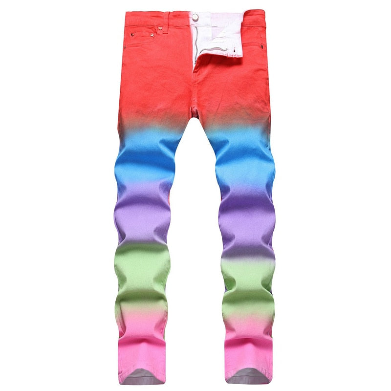 Summer New Colorful Match Color Jeans Men Mid-Waist Elastic Slim Pants Street Personality Fashion Casual Clothing
