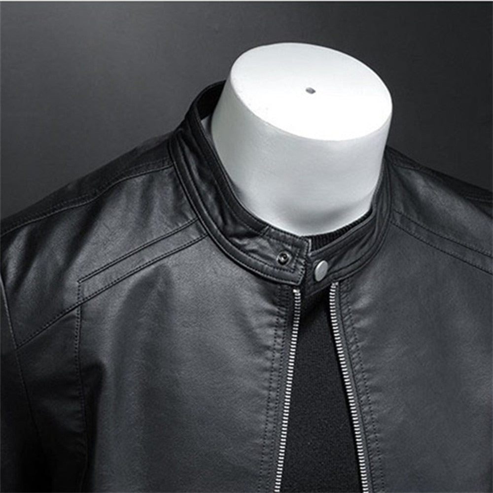 Leather Jacket Men Stand Collar Motorcycle Causal Coat