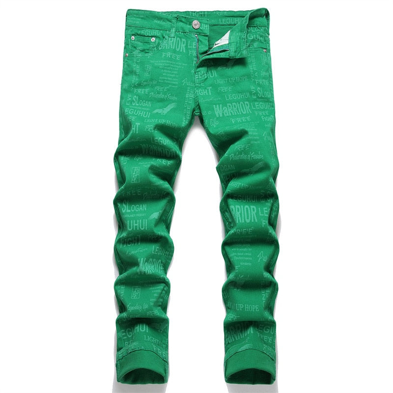 New Summer Street Men Jeans Digital Print Green Slim Trousers Mid-Waist Casual Hip Hop Clothing