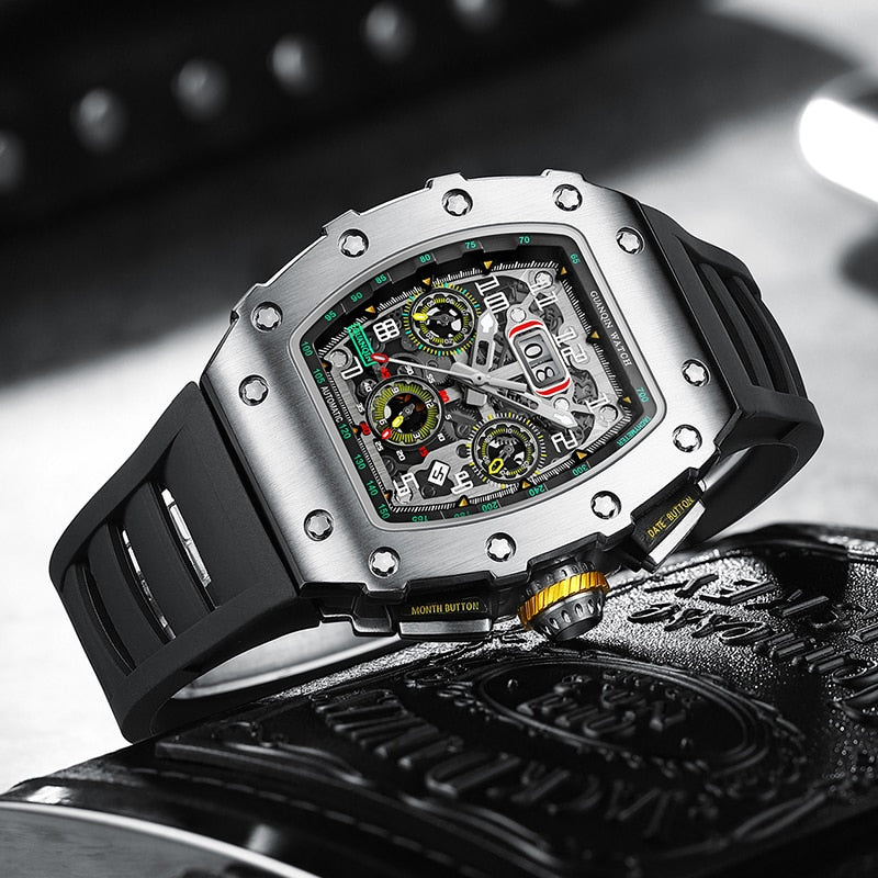 Elegant Richard Clock Luxury Mechanical Skeleton Watch Men Automatic Stainless Steel Chronograph