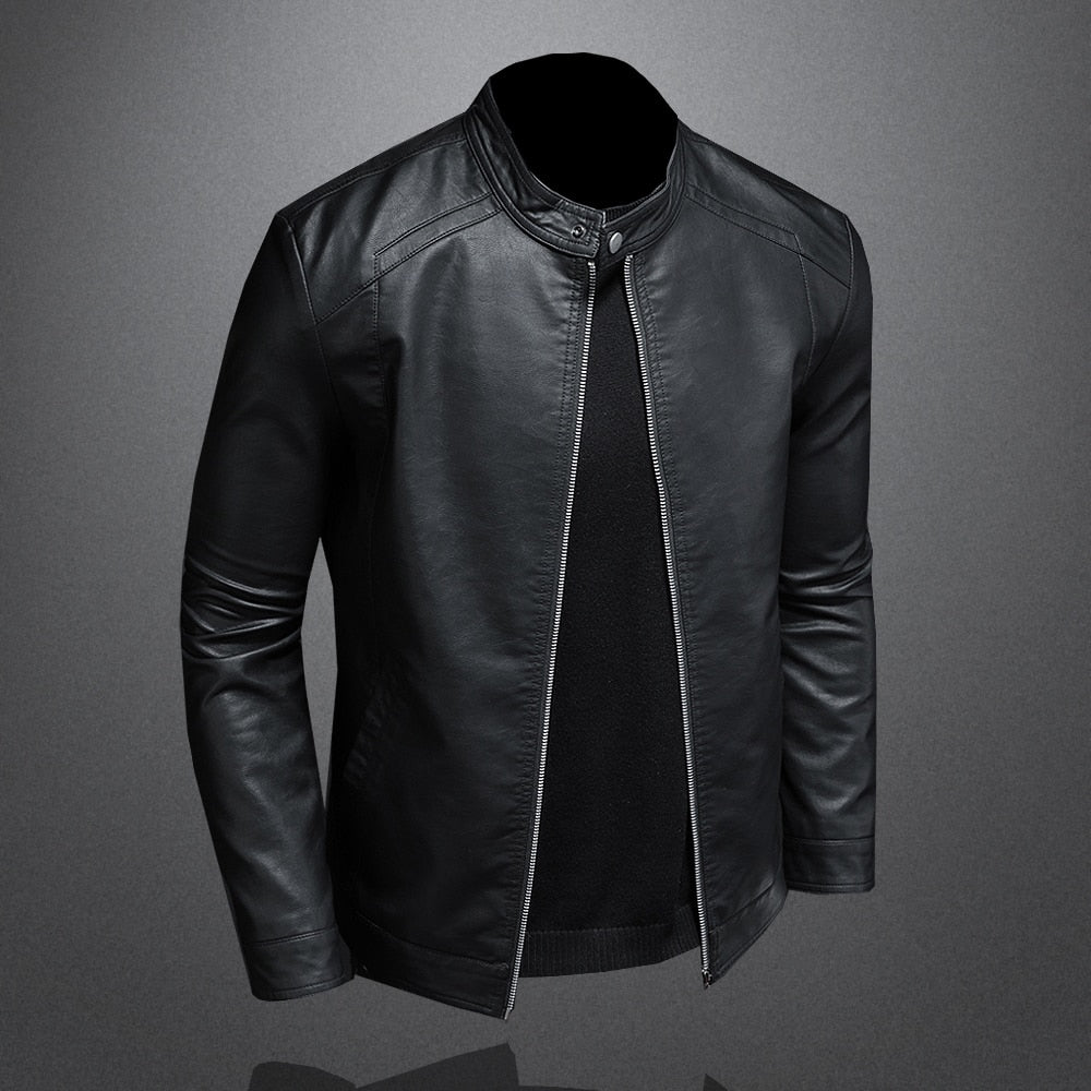 Leather Jacket Men Stand Collar Motorcycle Causal Coat