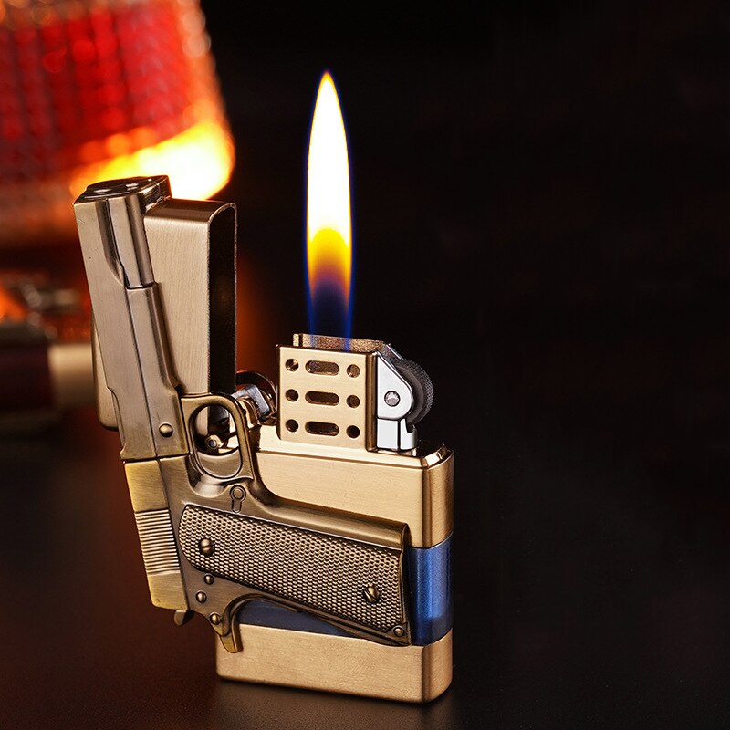 HOT SELLER! Metal Gas Pistol Shape Lighter Transparent Oil Tank Retro Grinding Wheel Cigar Windproof Lighter For Men Cigarette Accessories