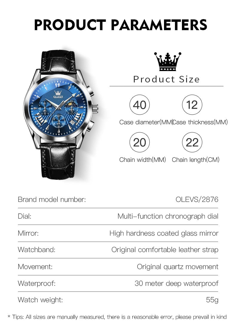 Man Waterproof Luminous Men Watch Quartz Wristwatch Fashion Luxury Chronograph Leather Strap Watch Man