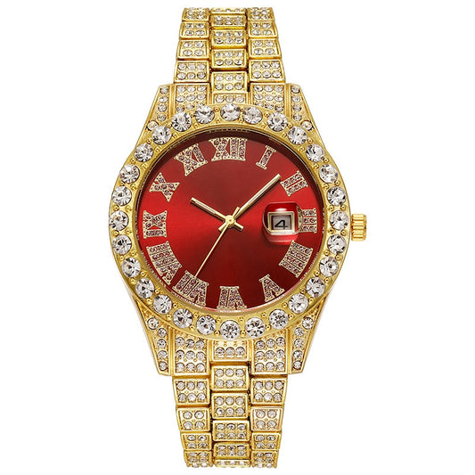 Steel Band Roman Scale Diamond Encrusted Calendar Quartz Watch Digital